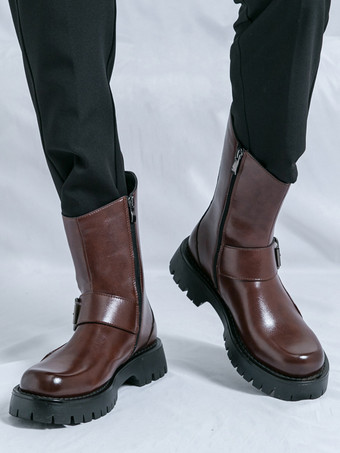 メンズショートブーツ チャンキーソール スチールバックル レザーシューズ 滑り止め付き カジュアル 頑丈な履物