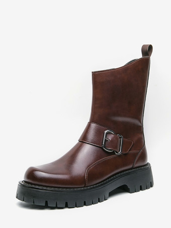 ブラウンメンズショートブーツ チャンキーソール スチールバックル レザーシューズ 滑り止め付き カジュアル 頑丈な履物