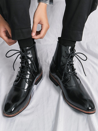 メンズ ドレスアンクルブーツ ポインテッドトゥ レザーオックスフォード ローヒール フォーマル ビジネス カジュアルシューズ