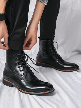 メンズ ドレスアンクルブーツ ポインテッドトゥ レザーオックスフォード ローヒール フォーマル ビジネス カジュアルシューズ