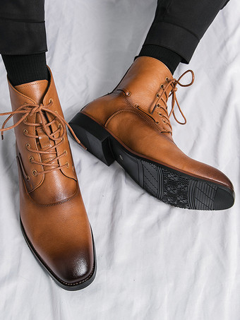 メンズ ドレスアンクルブーツ ポインテッドトゥ レザーオックスフォード ローヒール フォーマル ビジネス カジュアルシューズ