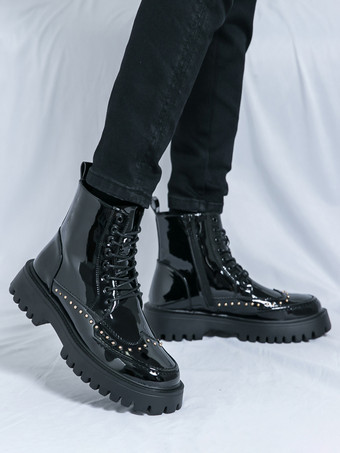 メンズブーツ リベットウィングチップ ラウンドトゥ アンクルブーツ 滑り止めプラットフォームソール