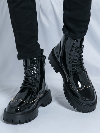 メンズブーツ リベットウィングチップ ラウンドトゥ アンクルブーツ 滑り止めプラットフォームソール