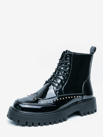 ブラック メンズブーツ リベットウィングチップ ラウンドトゥ アンクルブーツ 滑り止めプラットフォームソール