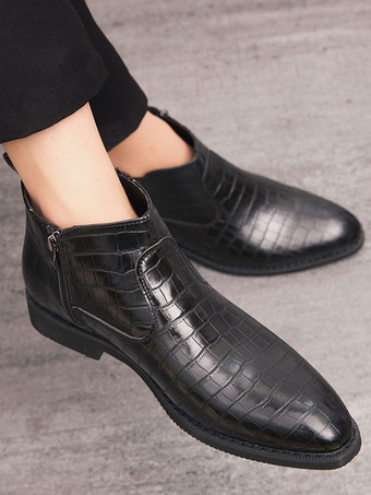 メンズ チェルシーブーツ ポインテッドトゥ ローブロックヒール スクエアテクスチャードアッパー