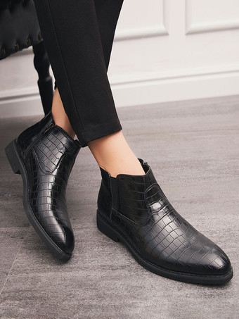 メンズ チェルシーブーツ ポインテッドトゥ ローブロックヒール スクエアテクスチャードアッパー