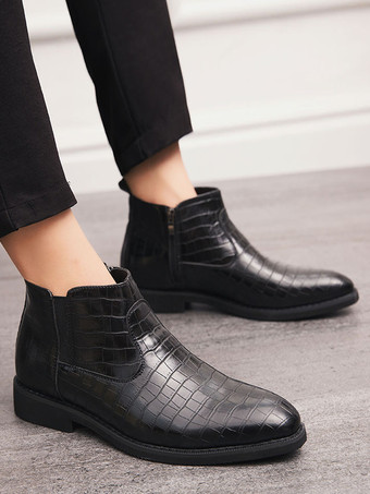 メンズ チェルシーブーツ ポインテッドトゥ ローブロックヒール スクエアテクスチャードアッパー