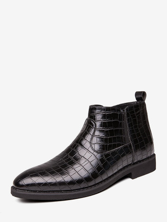 ブラック メンズ チェルシーブーツ ポインテッドトゥ ローブロックヒール スクエアテクスチャードアッパー