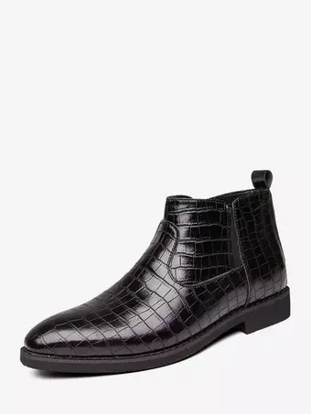 Mens Chelsea Boots Pointed-Toe Low Block Heel With Square Textured