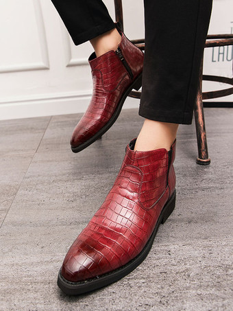 メンズ チェルシーブーツ ポインテッドトゥ ローブロックヒール スクエアテクスチャードアッパー