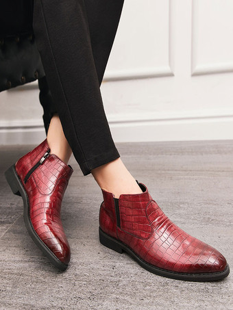 メンズ チェルシーブーツ ポインテッドトゥ ローブロックヒール スクエアテクスチャードアッパー