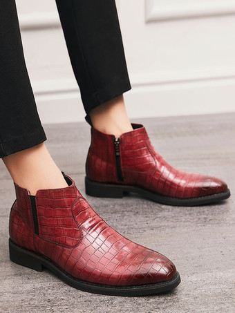 メンズ チェルシーブーツ ポインテッドトゥ ローブロックヒール スクエアテクスチャードアッパー