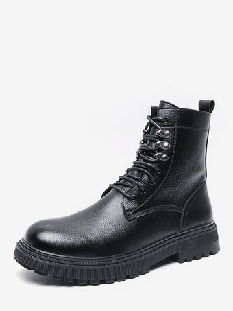 ブラック メンズドレスブーツ ラウンドトゥ チャンキーソール レースアップ フォーマルシューズ