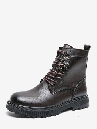 ブラウン メンズドレスブーツ ラウンドトゥ チャンキーソール レースアップ フォーマルシューズ