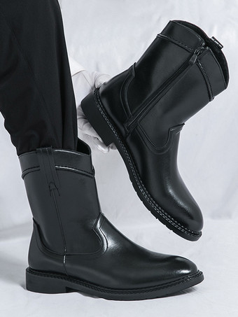 メンズショートブーツ ポインテッドトゥ レザー ジップアップブーツ ローヒール