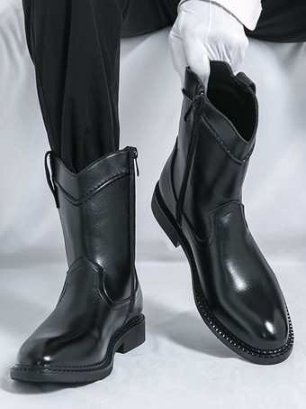 メンズショートブーツ ポインテッドトゥ レザー ジップアップブーツ ローヒール