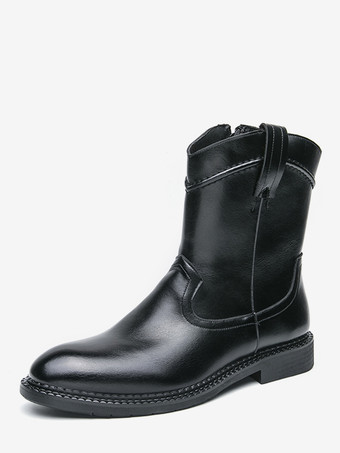 ブラック メンズショートブーツ ポインテッドトゥ レザー ジップアップブーツ ローヒール