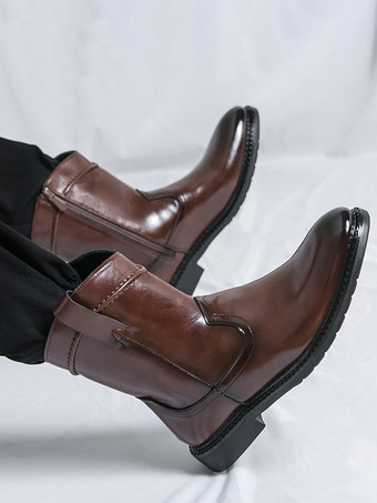 メンズショートブーツ ポインテッドトゥ レザー ジップアップブーツ ローヒール