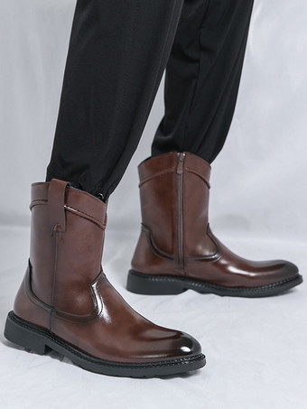 メンズショートブーツ ポインテッドトゥ レザー ジップアップブーツ ローヒール