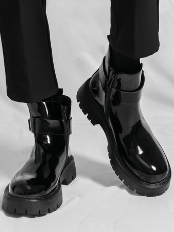 メンズ チェルシーブーツ プラットフォーム 光沢レザー チャンキーソール 伸縮性アンクルブーツ