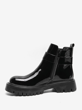 メンズ チェルシーブーツ プラットフォーム 光沢レザー チャンキーソール 伸縮性アンクルブーツ