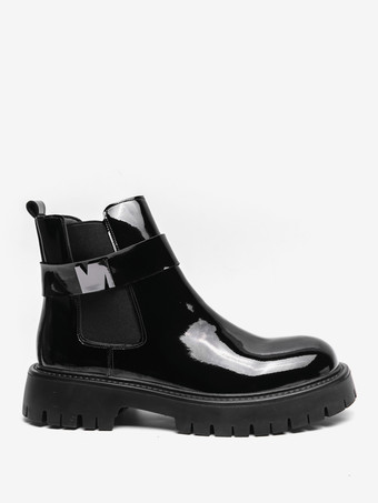 メンズ チェルシーブーツ プラットフォーム 光沢レザー チャンキーソール 伸縮性アンクルブーツ