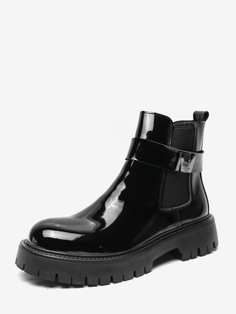 ブラック メンズ チェルシーブーツ プラットフォーム 光沢レザー チャンキーソール 伸縮性アンクルブーツ