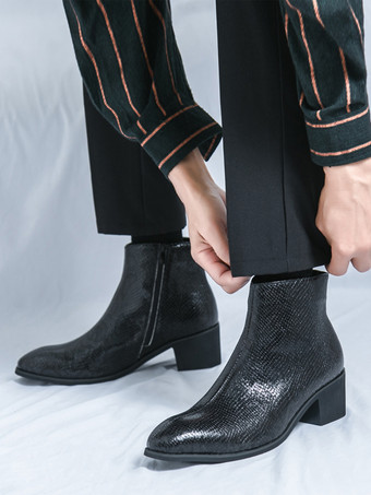 メンズ アンクルブーツ スネークプリント ポインテッドトゥ ミドルヒール ジップアップ レザーブーツ