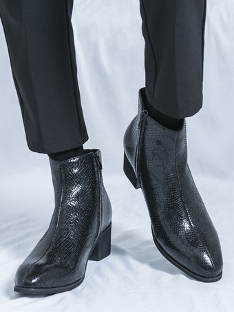 メンズ アンクルブーツ スネークプリント ポインテッドトゥ ミドルヒール ジップアップ レザーブーツ