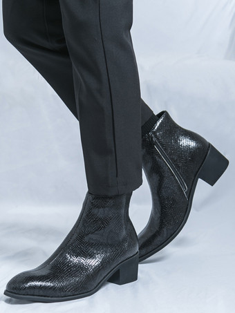メンズ アンクルブーツ スネークプリント ポインテッドトゥ ミドルヒール ジップアップ レザーブーツ