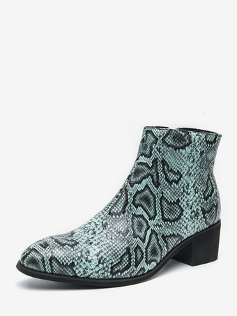 グリーン メンズ アンクルブーツ スネークプリント ポインテッドトゥ ミドルヒール ジップアップ レザーブーツ