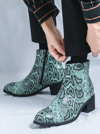 メンズ アンクルブーツ スネークプリント ポインテッドトゥ ミドルヒール ジップアップ レザーブーツ