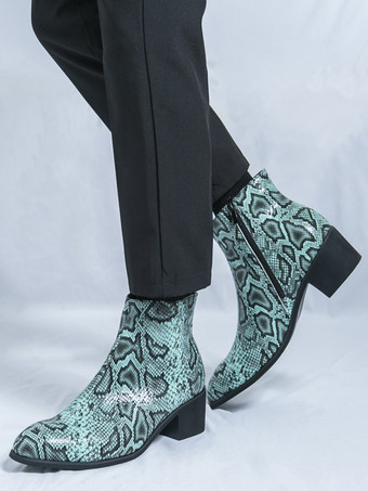 メンズ アンクルブーツ スネークプリント ポインテッドトゥ ミドルヒール ジップアップ レザーブーツ