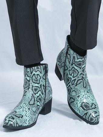 メンズ アンクルブーツ スネークプリント ポインテッドトゥ ミドルヒール ジップアップ レザーブーツ