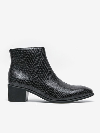 メンズ アンクルブーツ スネークプリント ポインテッドトゥ ミドルヒール ジップアップ レザーブーツ