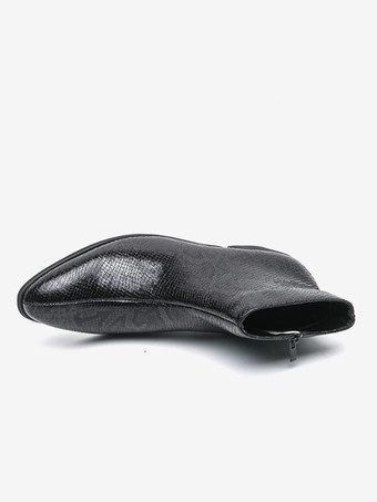 メンズ アンクルブーツ スネークプリント ポインテッドトゥ ミドルヒール ジップアップ レザーブーツ