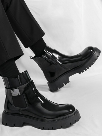 メンズ チェルシーブーツ プラットフォーム 光沢レザー チャンキーソール 伸縮性アンクルブーツ