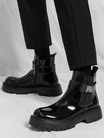 メンズ チェルシーブーツ プラットフォーム 光沢レザー チャンキーソール 伸縮性アンクルブーツ