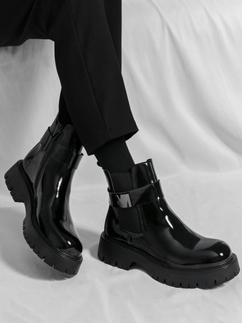 メンズ チェルシーブーツ プラットフォーム 光沢レザー チャンキーソール 伸縮性アンクルブーツ