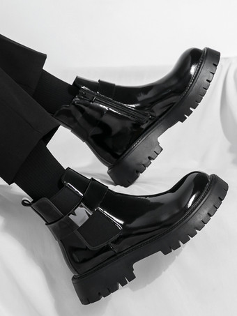 メンズ チェルシーブーツ プラットフォーム 光沢レザー チャンキーソール 伸縮性アンクルブーツ