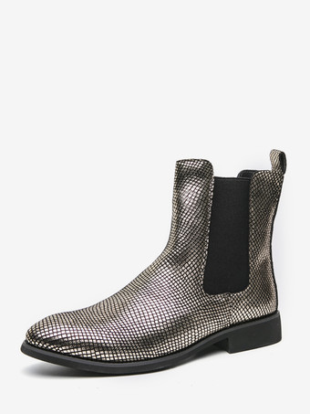 ゴールド メンズ チェルシーブーツ ポインテッドトゥ 光沢のあるパイソンプリントレザー ローブロックヒール アンクルブーツ