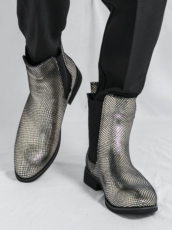 メンズ チェルシーブーツ ポインテッドトゥ 光沢のあるパイソンプリントレザー ローブロックヒール アンクルブーツ