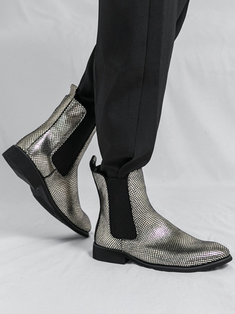 メンズ チェルシーブーツ ポインテッドトゥ 光沢のあるパイソンプリントレザー ローブロックヒール アンクルブーツ