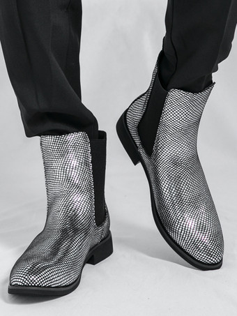 メンズ チェルシーブーツ ポインテッドトゥ 光沢のあるパイソンプリントレザー ローブロックヒール アンクルブーツ