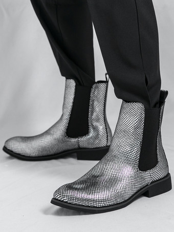 メンズ チェルシーブーツ ポインテッドトゥ 光沢のあるパイソンプリントレザー ローブロックヒール アンクルブーツ