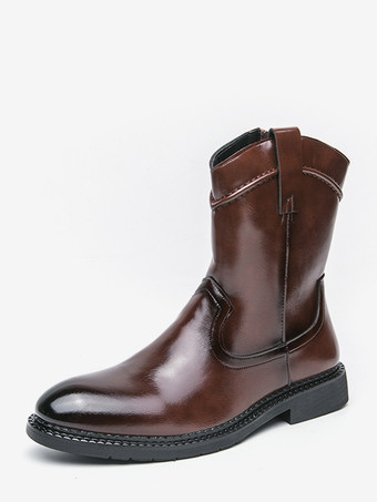 ブラウン メンズショートブーツ ポインテッドトゥ レザー ジップアップブーツ ローヒール