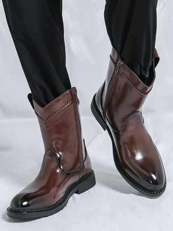 メンズショートブーツ ポインテッドトゥ レザー ジップアップブーツ ローヒール