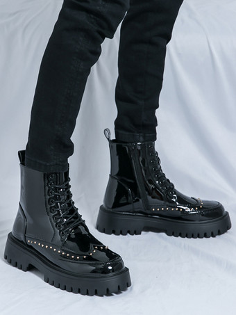 メンズブーツ リベットウィングチップ ラウンドトゥ アンクルブーツ 滑り止めプラットフォームソール