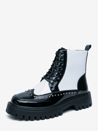 ホワイト＋ブラックメンズブーツ リベットウィングチップ ラウンドトゥ アンクルブーツ 滑り止めプラットフォームソール