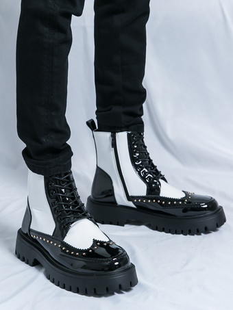 メンズブーツ リベットウィングチップ ラウンドトゥ アンクルブーツ 滑り止めプラットフォームソール